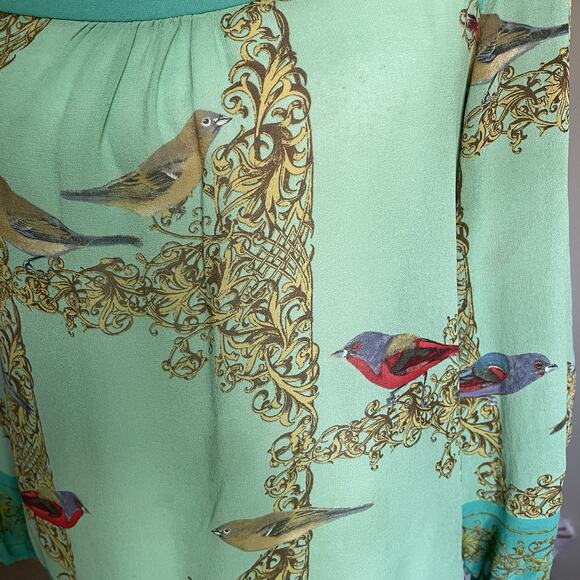 Vanessa Virginia Silk ANTHROPOLOGIE Green Blouse Top Bird Baroque Womens S 4 - Picture 8 of 9